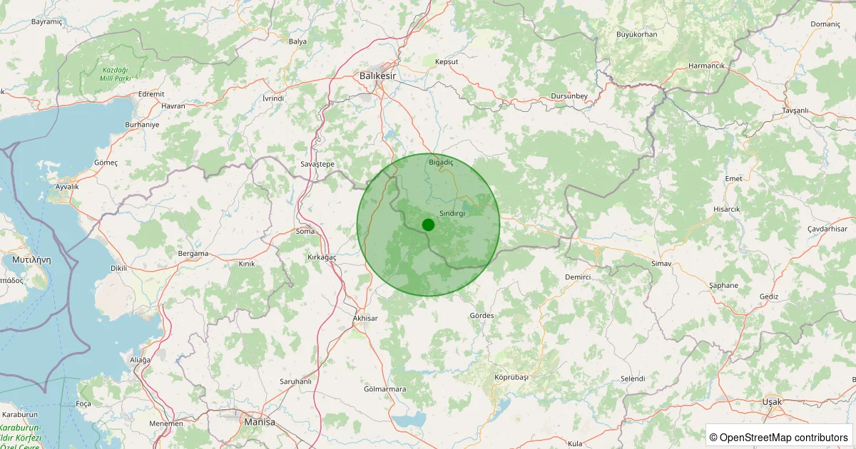 15 Ekim 2025 saat 15:08 - Sındırgı - Kertil - 1.10ml depreminin harita gösterimi
