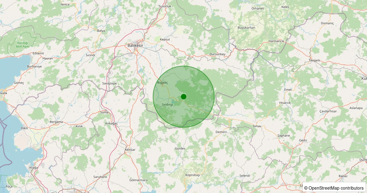 15 Ekim 2025 saat 16:46 - Sındırgı - Kepez - 2.10ml depreminin harita gösterimi