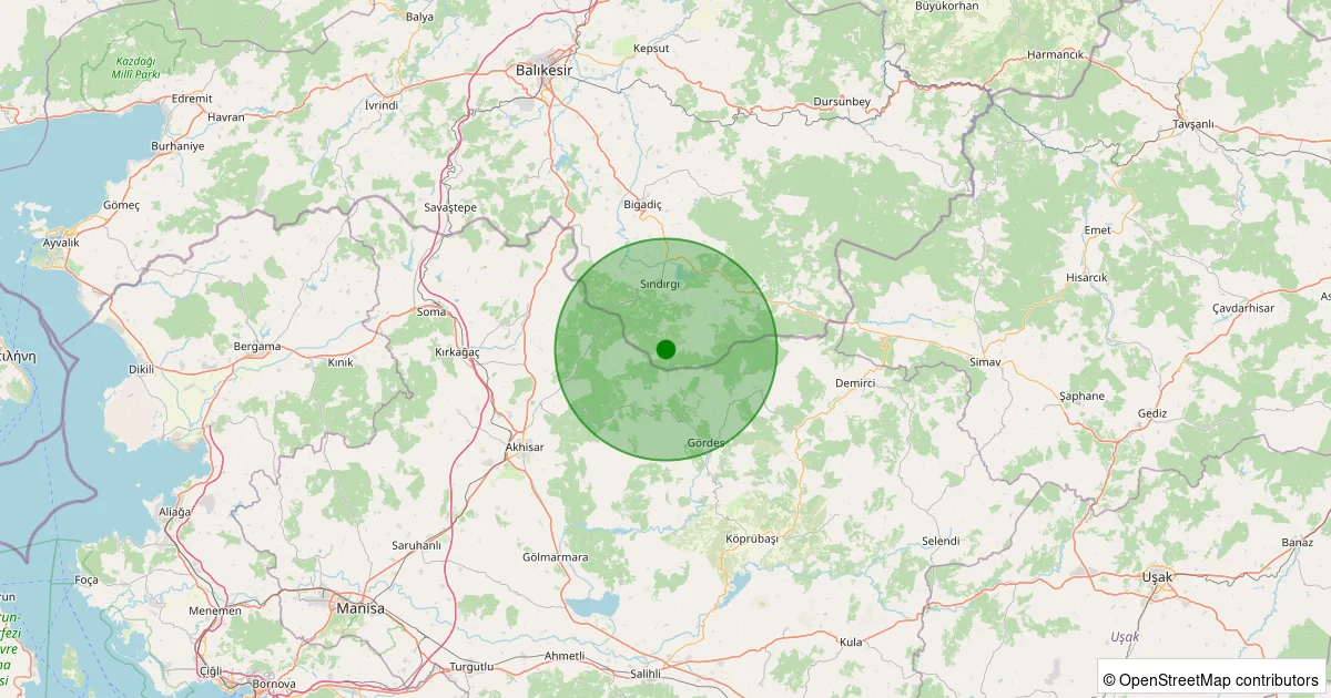 15 Ekim 2025 saat 20:14 - Sındırgı - Kınık - 1.10ml depreminin harita gösterimi