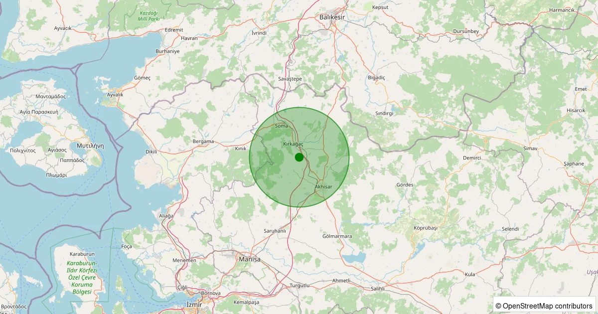 15 Ekim 2025 saat 20:24 - Kırkağaç - Bakır - 1.20ML depreminin harita gösterimi