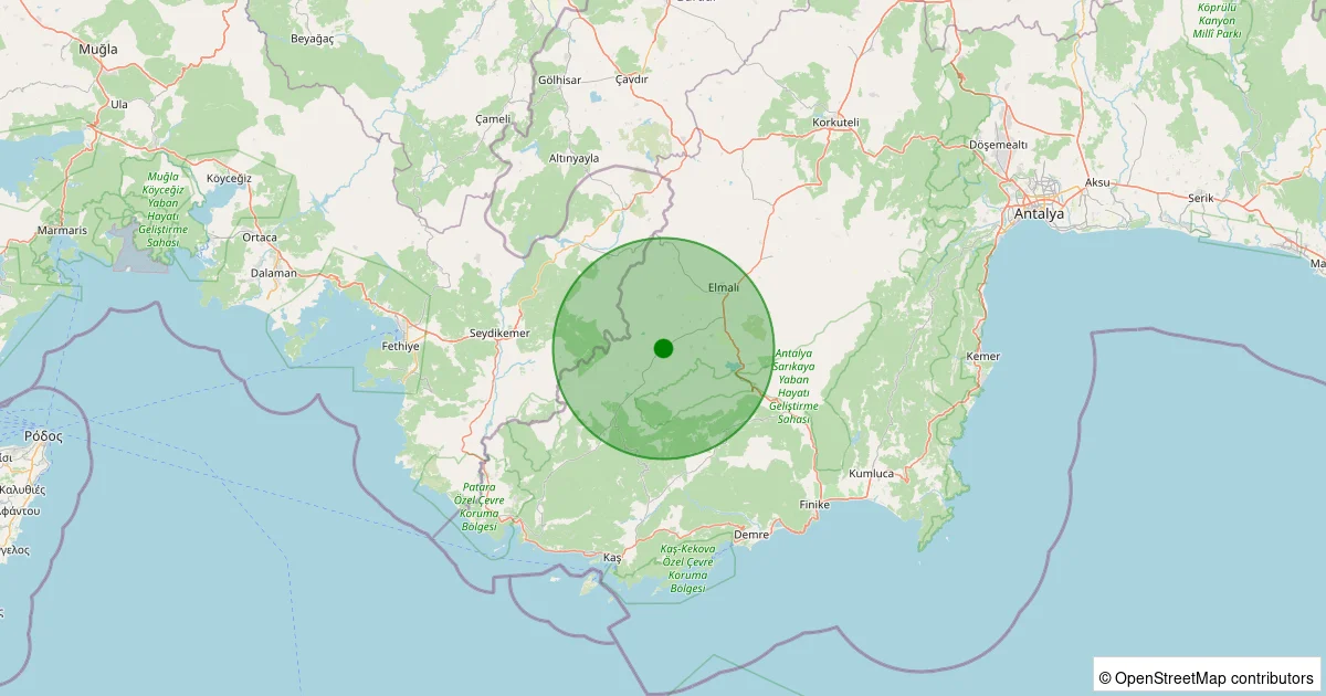 15 Ekim 2025 saat 21:02 - Elmalı - Akçay Köyü - 1.20ML depreminin harita gösterimi